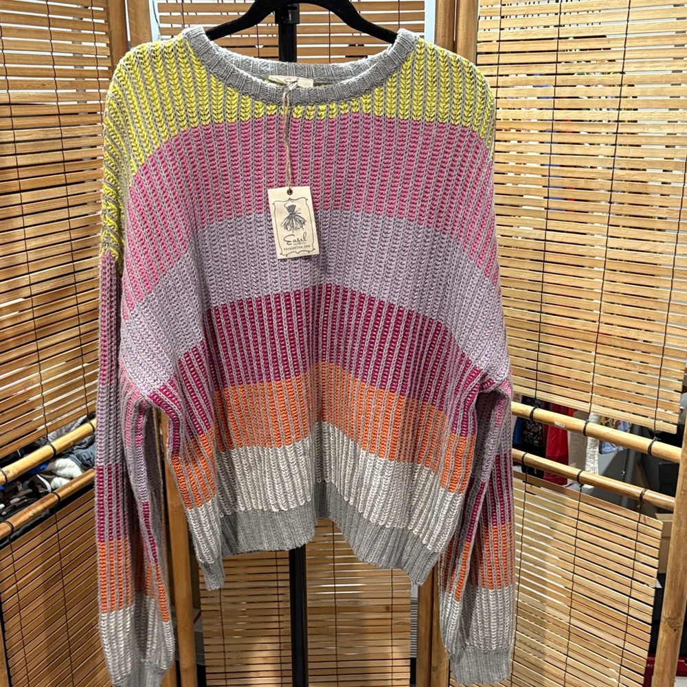 Striped Crew Neck Sweater in Pink, Yellow, and Gray
